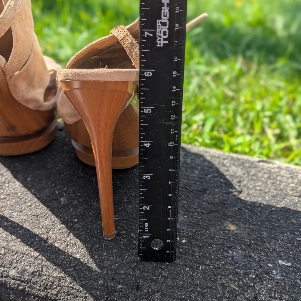 Y2K Jessica Simpson Suede Platform Heels 7B Sculptural Stiletto Tan